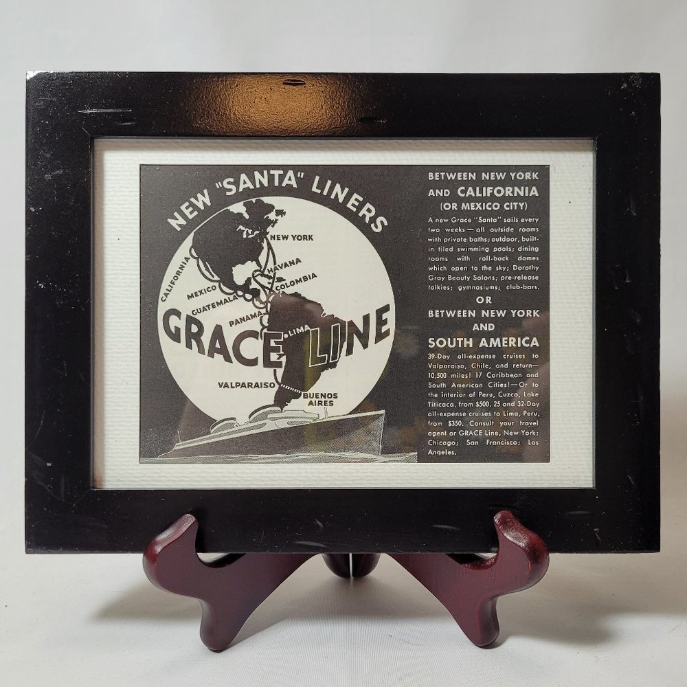 Professionally Framed 1956 Grace Line Travel Advertisement